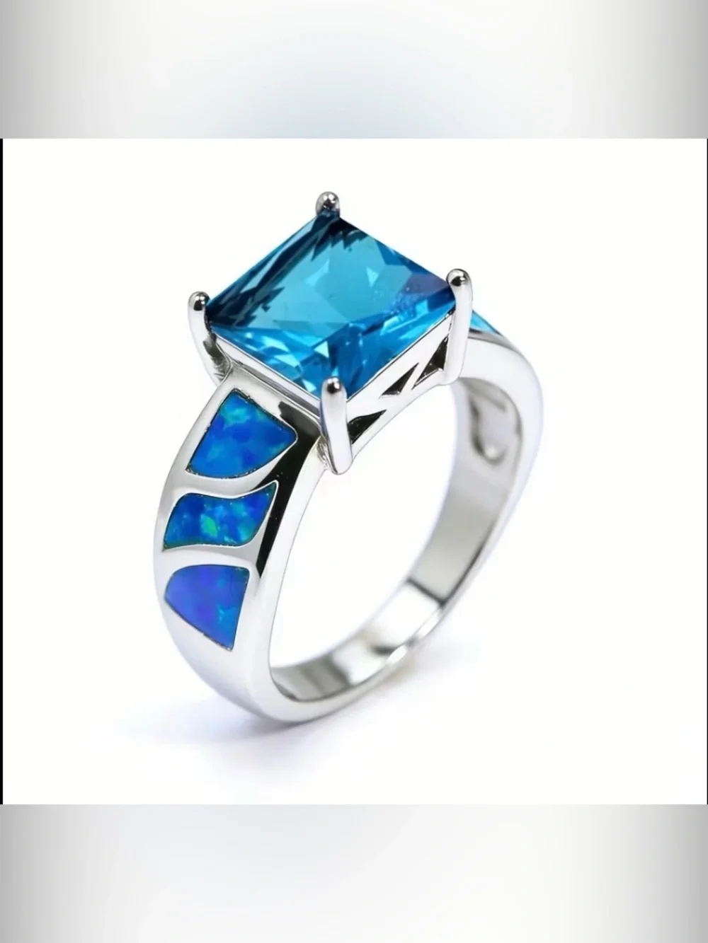 Blue CZ Square-Cut and Blue Opal Ring
